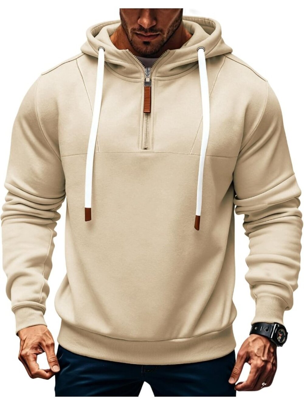 Men's Apricot Quarter ZIP Long Sleeve Pullover Polyester Sweatshirt Hoodies